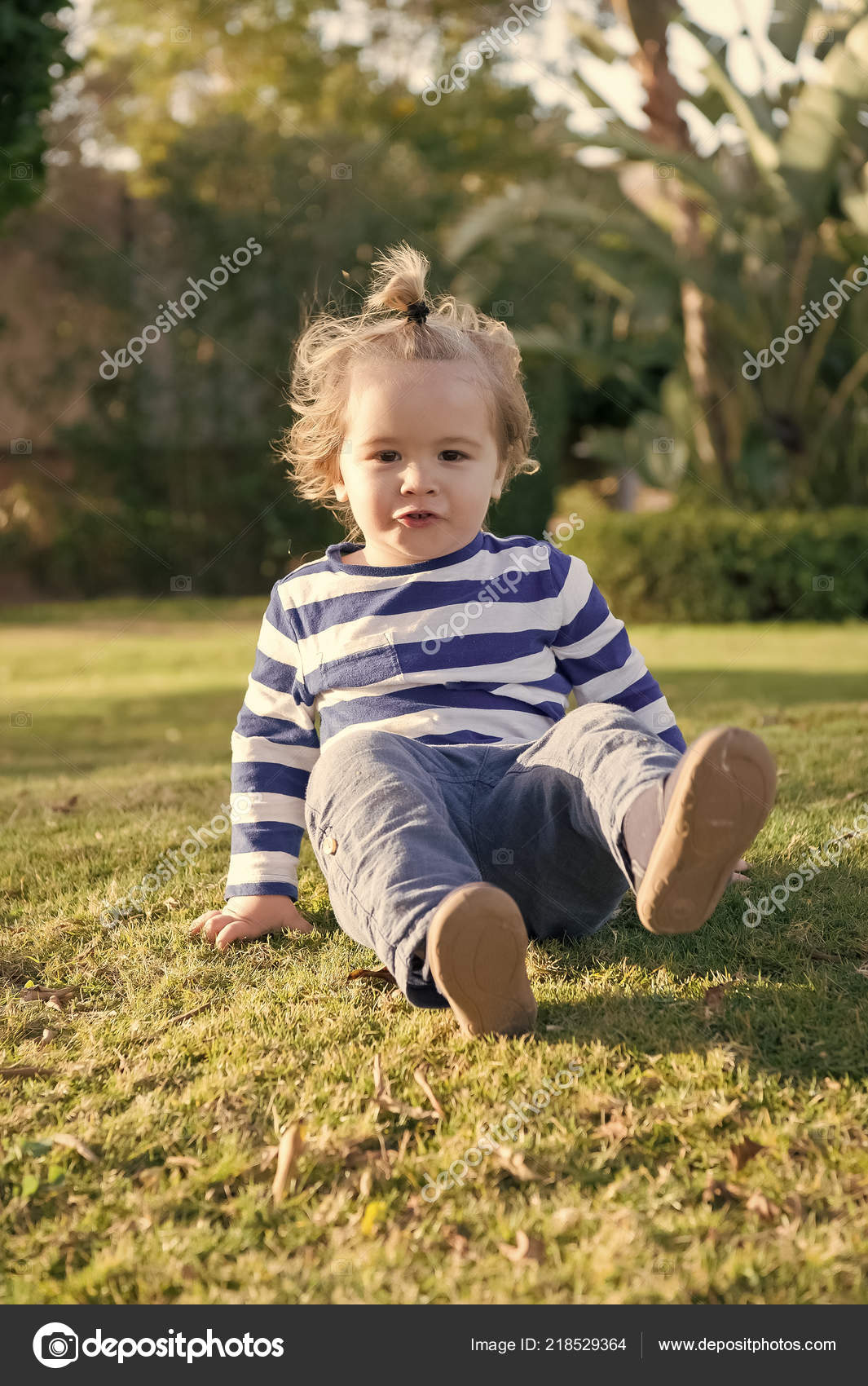 Small Baby Boy Cute Child Happy Face Blonde Hair Stripped Stock