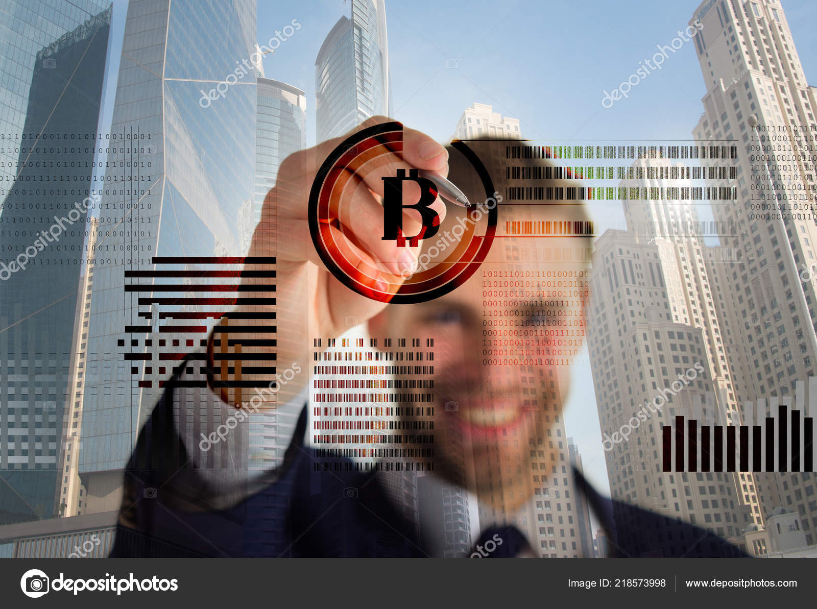 Man Interact Virtual Display Business Graphics Create Bitcoin - 