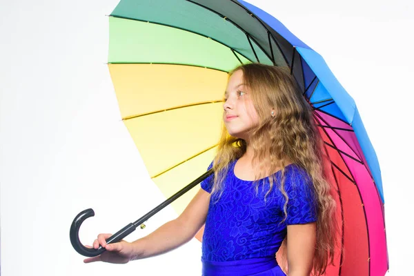 Stay positive fall season. Ways to improve your mood in fall. Ways to brighten your fall mood. Colorful accessory for cheerful mood. Girl child long hair ready meet fall weather with umbrella