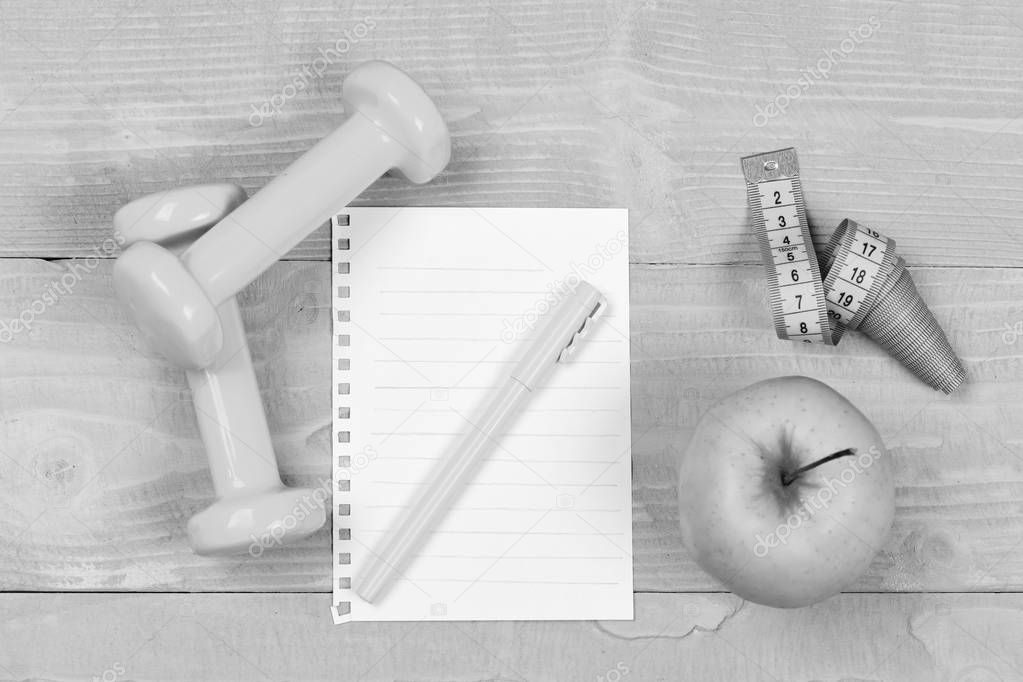 Blank page and gym equipment in cyan blue, top view