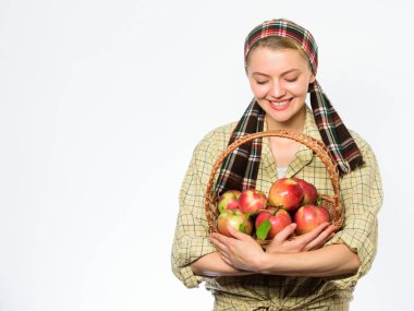 Kadın bahçıvan rustik tarzı sepeti elmalı beyaz arka plan üzerinde tutun. Bayan farmer bahçıvan biliyorum nasıl elma ile birçok tarifleri cook. Yemek tarifi kavramı. Kadın köylü taşıma sepeti doğal meyve