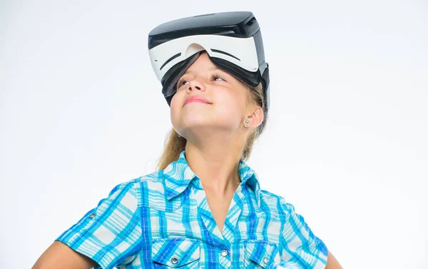 Virtual reality is fun for all ages. Kid girl with vr glasses. Child play virtual games with modern device. Explore virtual opportunity. Newest kids virtual reality games. Little gamer concept — Stock Photo, Image