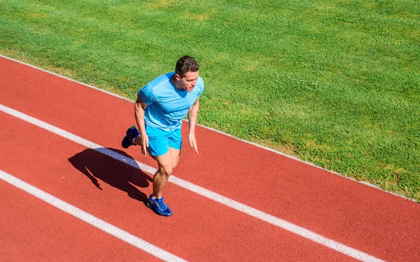 Man athlete run to achieve great result. Speed training guide. Athlete runner sporty shape in motion. Ways to improve running speed. Simple ways to improve running speed and endurance. How run faster