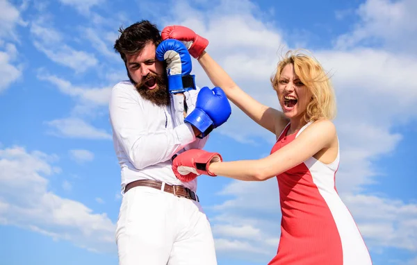 Attack is best defence. Couple in love fighting. Defend your opinion in confrontation. Man and woman fight boxing gloves sky background. Female attack. Relations family life as everyday struggle — Stock Photo, Image