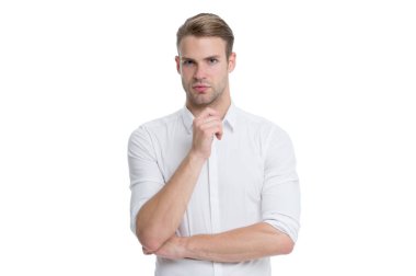 Başarılı neşeli küçük işletme sahibi ile ayakta silah geçti. Küçük iş kavramı. İş coach. İş ile memnun. Kendine güvenen iş uzmanı. Yeni strateji geliştirme. Erkek moda.