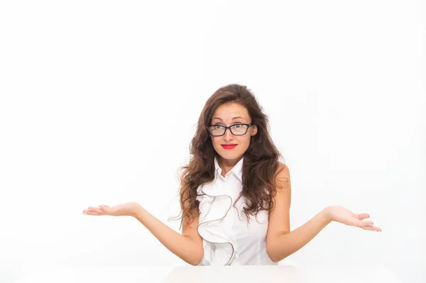 Back to school concept. sexy woman with red lips in glasses isolated on white. surprised lady is holding papers and folder, copy space. business school teacher or student. Preparing to exams — Stock Photo, Image