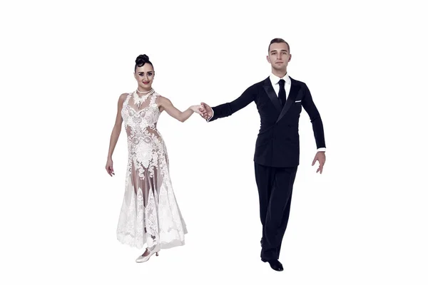 Бальзам танцювальна пара в позі танець ізольовані на білому бакалаврському майданчику — стокове фото