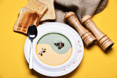 Ispanak ve balkabağı kremalı çorba ve kızarmış ekmek dilimleri.