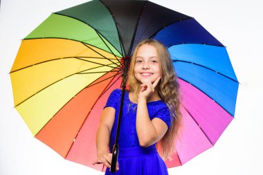 Colorful accessory for cheerful mood. Stay positive fall season. Girl child ready meet fall weather with colorful umbrella. Ways to improve your mood in fall. Ways to brighten your fall mood clipart