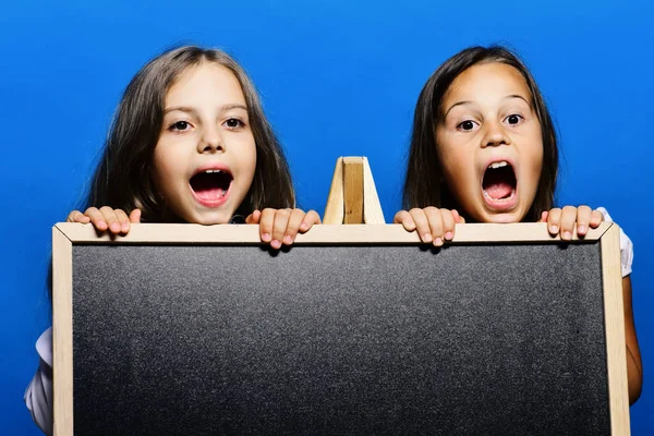 Schoolmeisjes naast schoolbord geïsoleerd op blauwe achtergrond — Stockfoto