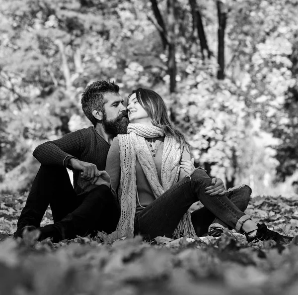 Girl and bearded guy or happy lovers on a date — Stock Photo, Image