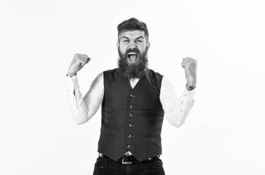 Acımasız adam bağırıyor ve zaferini kutluyor. Duygusal yüz ile mutlu bir iş adamı. Sakallı adam başarı alkış. Kazanan uzun sakallı. Projenizin başarılı, karlı bir anlaşma, Evet, zafer kavramı