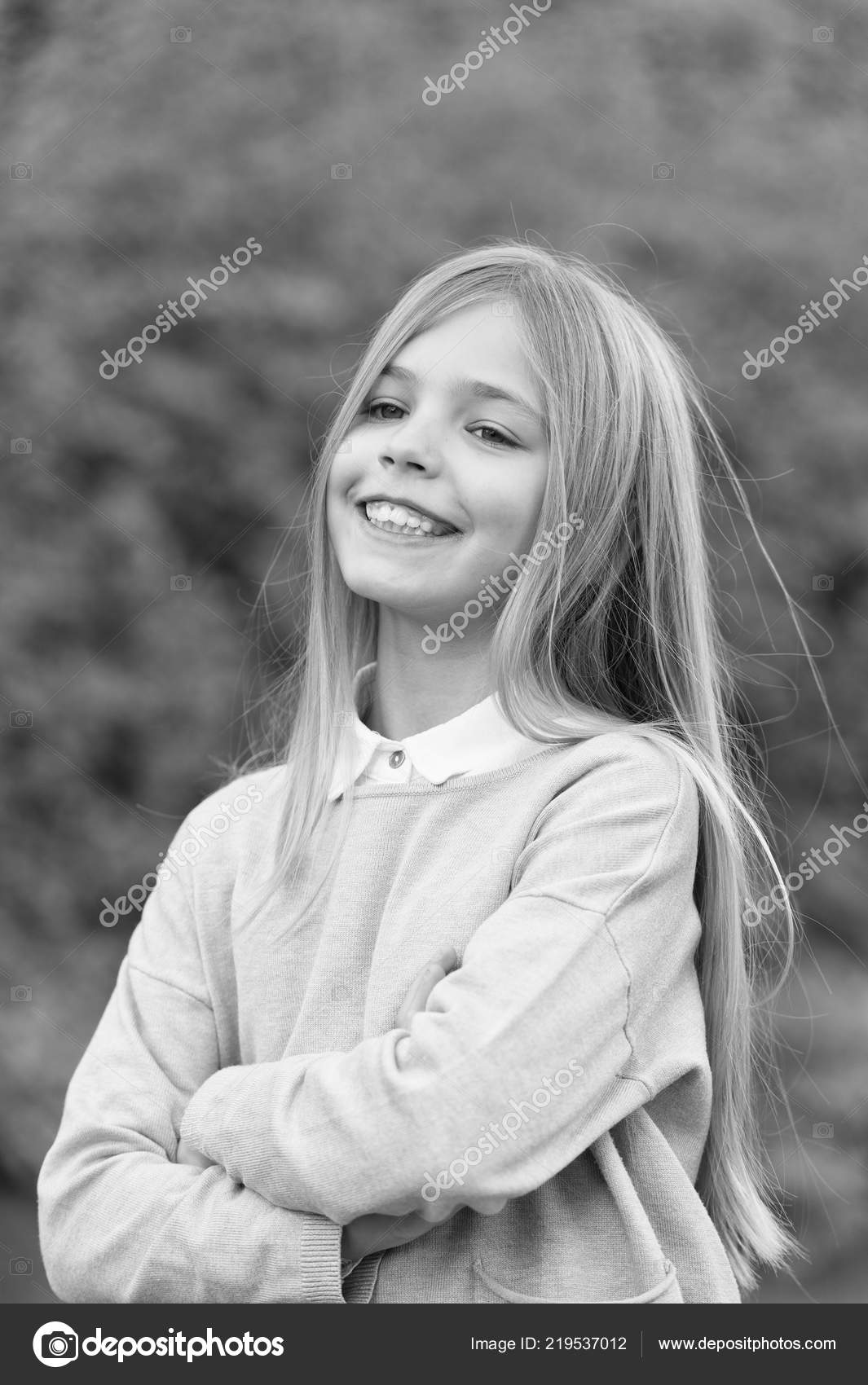 Child With Smile On Cute Face Outdoor Little Girl With Long Blond