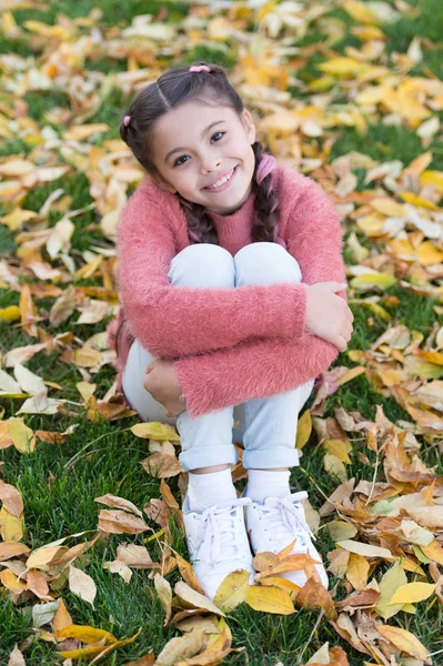 Щаслива дівчинка в осінньому лісі. Маленька дитина з осіннім листям. Осіннє листя і природа. Щасливе дитинство. Шкільний час. Модна краса. Гарний настрій у будь-яку погоду. Насолоджуючись осіннім днем — стокове фото
