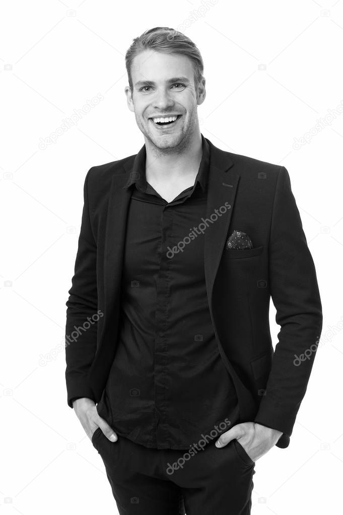 Business dress code. Man happy formal black suit white background. Business casual. Casual look made for professional environment. More comfortable upposed to illustrate high level of professionalism