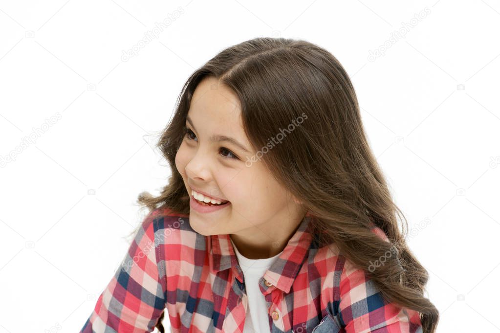 Kid with cheerful face and brilliant smile isolated on white. Emotions concept. Sincere emotional child. Girl laugh emotional face. Humor and react funny story. Childhood and happiness concept