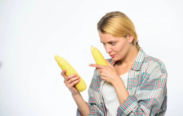 Girl rustic style hold ripe corn. Make healthy choice. Girl practice eating only or mostly food uncooked and unprocessed. Vegetarian product. Woman farmer choose yellow corn cob on white background — Stock Photo, Image