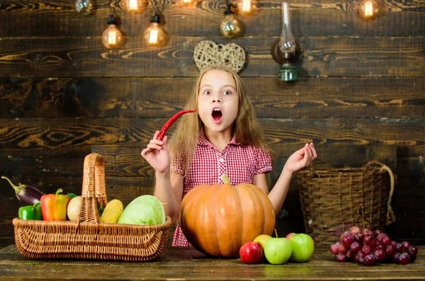 Basisschool herfst festival idee. Oogstfeest vieren. Jongen meisje verse groenten oogst rustieke stijl. Herfst oogst vakantie. Kind presenteren oogst groente tuin houten achtergrond — Stockfoto