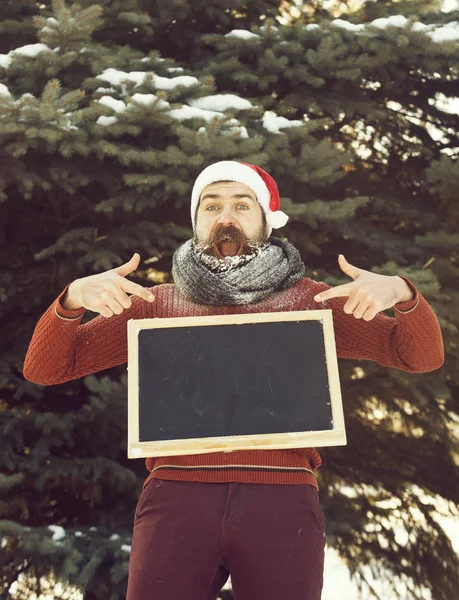 Gelukkig man in Kerstman hoed, hipster met baard en snor bedekt met white frost, punten tijdens lege zwarte board of schoolbord op winterdag op natuurlijke achtergrond, kopiëren vriendelij — Stockfoto