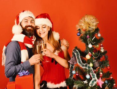 Bay ve Bayan Noel Baba şampanya bardakları tutuyor..