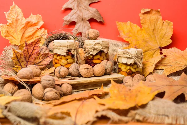 Storehouse of vitamins concept. Natural homemade treats autumn season keep healthy. Set three honey natural sweets in jars red background covered fallen leaves. Jars walnuts and fallen leaves