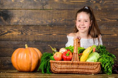 Kız çocuk rustik tarzı çiftçilere piyasa ile düşmek hasat. Neşeli çocuk hasat tatil kabak sebze sepeti kutlamak. Hasat Festivali kavramı. Çocuk çiftçi hasat ahşap arka plan ile