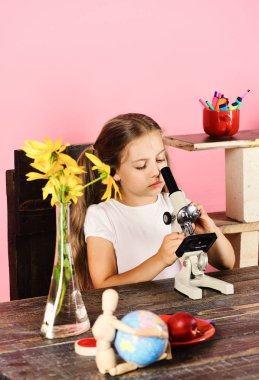 Okula ve güzellik konseptine geri dönüyorum. Çocuk ve laboratuvar malzemeleri.