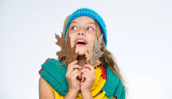 Colorful accessory for autumn. Fashion accessories for autumn. Fashion accessory concept. Fashion trend concept. Girl cute face wear fashion knitted hat and scarf hold fallen leaves white background — Stock Photo, Image