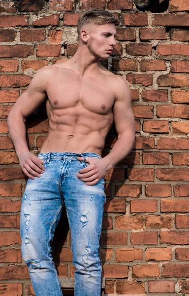 Sexy torso sportsman. Man muscular athlete lean on wall relaxed. Strong muscles emphasize masculinity sexuality. Man muscular chest naked torso stand brick wall background. Attractive and confident