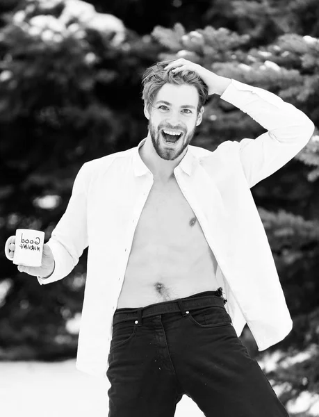 Handsome sexy man with morning cup in winter outdoor — Stock Photo, Image