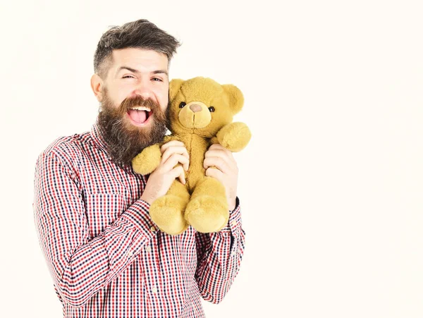 Hipster or father with soft toy as gift or present. — Stock Photo, Image