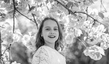 Yüz ayakta sakura çiçekler, defocused yakınındaki gülümseyerek kıza. Uzun saçları açık, kiraz çiçeği arka plan üzerinde olan kız. Parfüm ve koku kavramı. Şirin çocuk zevk sakura kokusu bahar gününde