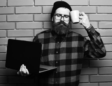 Sakallı, beyaz tenli hippi elinde bardakla dizüstü bilgisayar tutuyor.