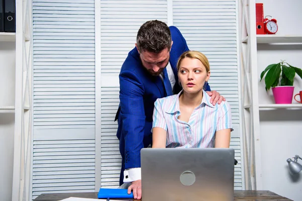 Banned relations at work. Sexual assault at workplace. Woman office manager suffer sexual assault and harassment. Harassment and abuse concept. Boss unacceptable behavior subordinate employee — Stock Photo, Image