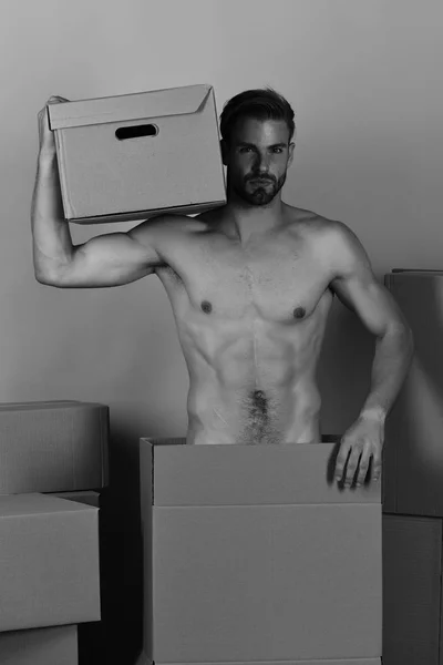 Macho s štětinami a vážná tvář drží box na rameni — Stock fotografie