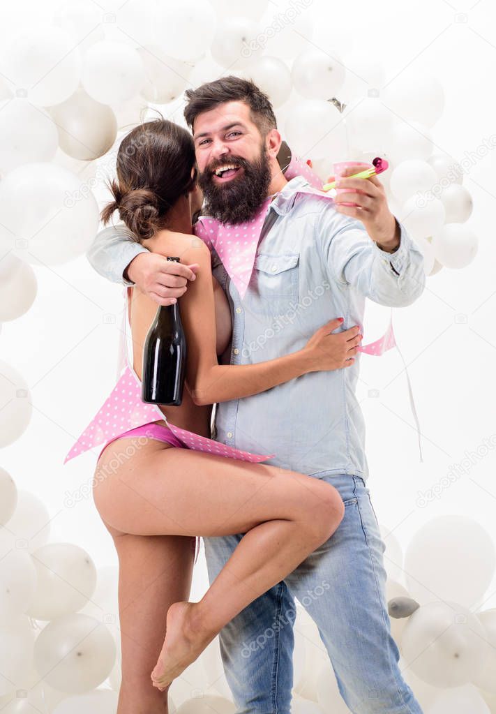 Organizing bachelor party. Every man dream celebrate awesome bachelor party. Man bearded bachelor celebrate with nude strip dancer girl. Stag party great ideas. Strip dance amazing private party