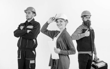 Kadın Yöneticisi kavramı. Takım mimarlar, inşaatçılar,