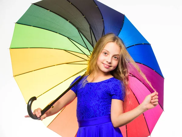 Stay positive fall season. Ways to brighten your fall mood. Girl child ready meet fall weather with colorful umbrella. Ways to improve your mood in fall. Colorful accessory for cheerful mood