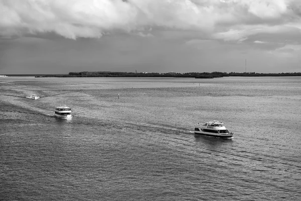 Miami, EUA - 22 de novembro de 2015: navios de cruzeiro flutuam no mar no céu azul. Transporte de água, embarcações. Férias de verão, viagens. Wanderlust, aventura, descoberta . — Fotografia de Stock