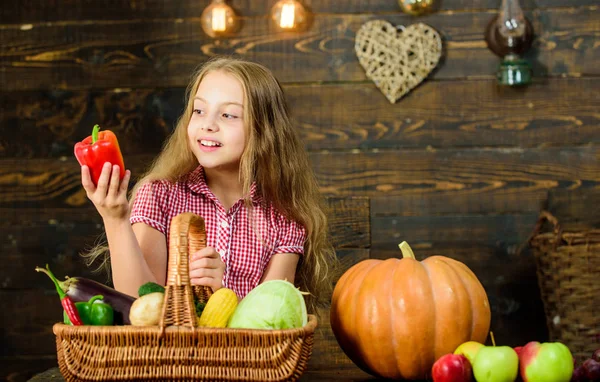 Boerderij markt val oogst. Kind meisje oogst van haar moestuin op houten achtergrond presenteren. Oogstfeest concept. Jongen meisje in de buurt van mand vol verse groenten oogst rustieke stijl — Stockfoto