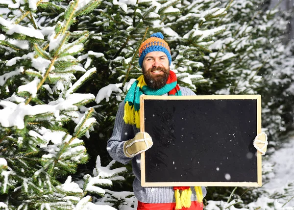 Winter advertisement concept. Man wears knitted hat, scarf and gloves.