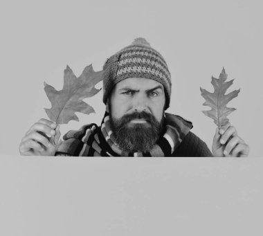 Sakallı ve endişeli yüzlü hippi kalın kıyafetler giyer.