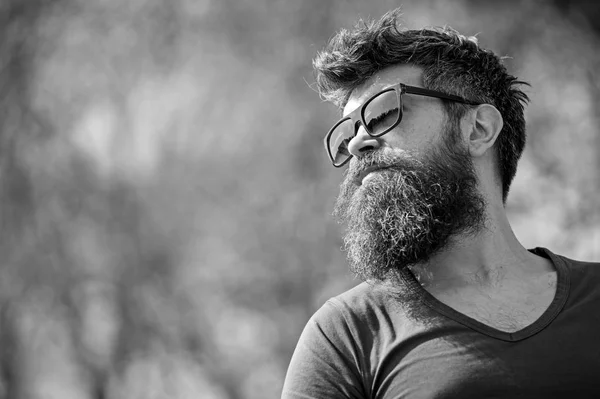 O tipo com barba usa óculos de sol. Hipster com barba e bigode no rosto estrito, fundo da natureza, desfocado. Homem com barba parece elegante e confiante no dia ensolarado. Conceito de moda e estilo — Fotografia de Stock