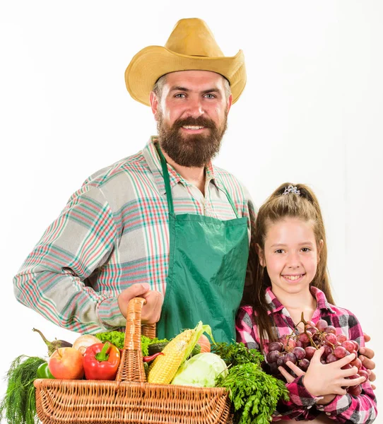 Otce farmáře nebo zahradník s dcerou drží košík sklizeň zeleniny. Zahradnictví a sklizně. Rodinná farma biozeleniny. Muž vousatý venkovský farmář s klukem. Zemědělci rodiny domácí sklizně — Stock fotografie