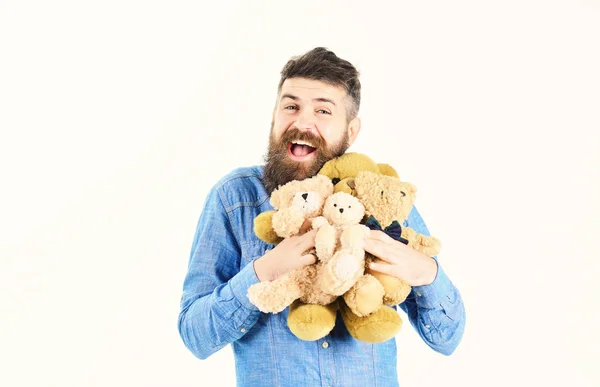 Hombre con cara feliz sostiene osos de peluche o juguetes de peluche —  Fotos de Stock