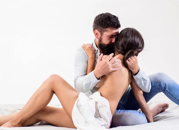 Couple make love sex. Hipster lover hug kiss sexual naked female body. Sexual game. Libido and sexual appetite. Sexual desire concept. Man full of desire tease seduce girlfriend sensual foreplay