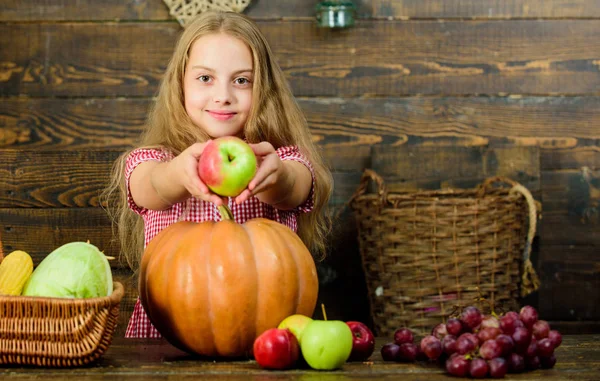 Basisschool herfst festival idee. Oogstfeest vieren. Jongen meisje verse groenten oogst rustieke stijl. Kind voorstellende oogst groente tuin houten achtergrond. Herfst oogst vakantie — Stockfoto