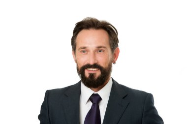 İş adamı resmi takım elbiseli olgun bir adam beyazları izole etti. İş adamı sakallı yakışıklı girişimci. Başarılı iş adamı konsepti. Müşteri hizmetleri tüyoları işi geliştirir. İş adamı gülen surat.