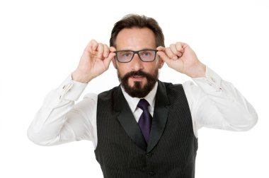 Sakallı adam giyim gözlük beyaz izole. İşadamı öğretmen gözlük ayarlayın. Bak kavramı al. İş Analizi ve analitik becerileri. Gözlük optik ve vizyon kontrol edin. Dikkatle göz atın