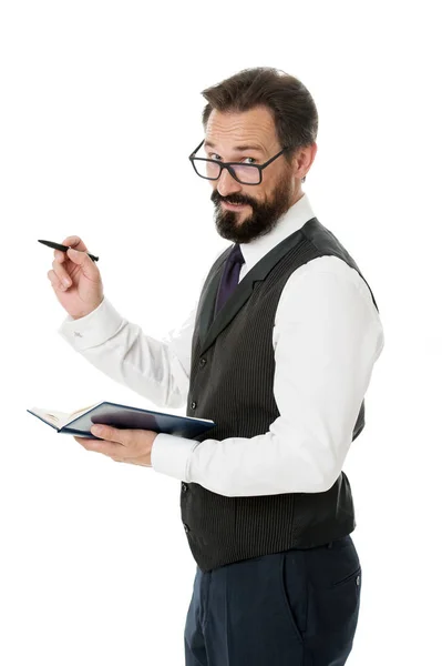 Business academy lecturer. Man formal clothes hold notepad white explain business topic. Business school concept. Expert eyeglasses smart teacher. Speaker business conference isolated white — Stock Photo, Image